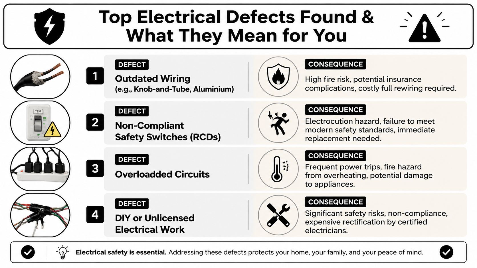 Pre Purchase Electrical Inspection: A Buyer'S Guide 2026 3 An Infographic Detailing Top Electrical Defects Found In Homes, Including Wiring Issues, Safety Switches, And Circuit Overloading.