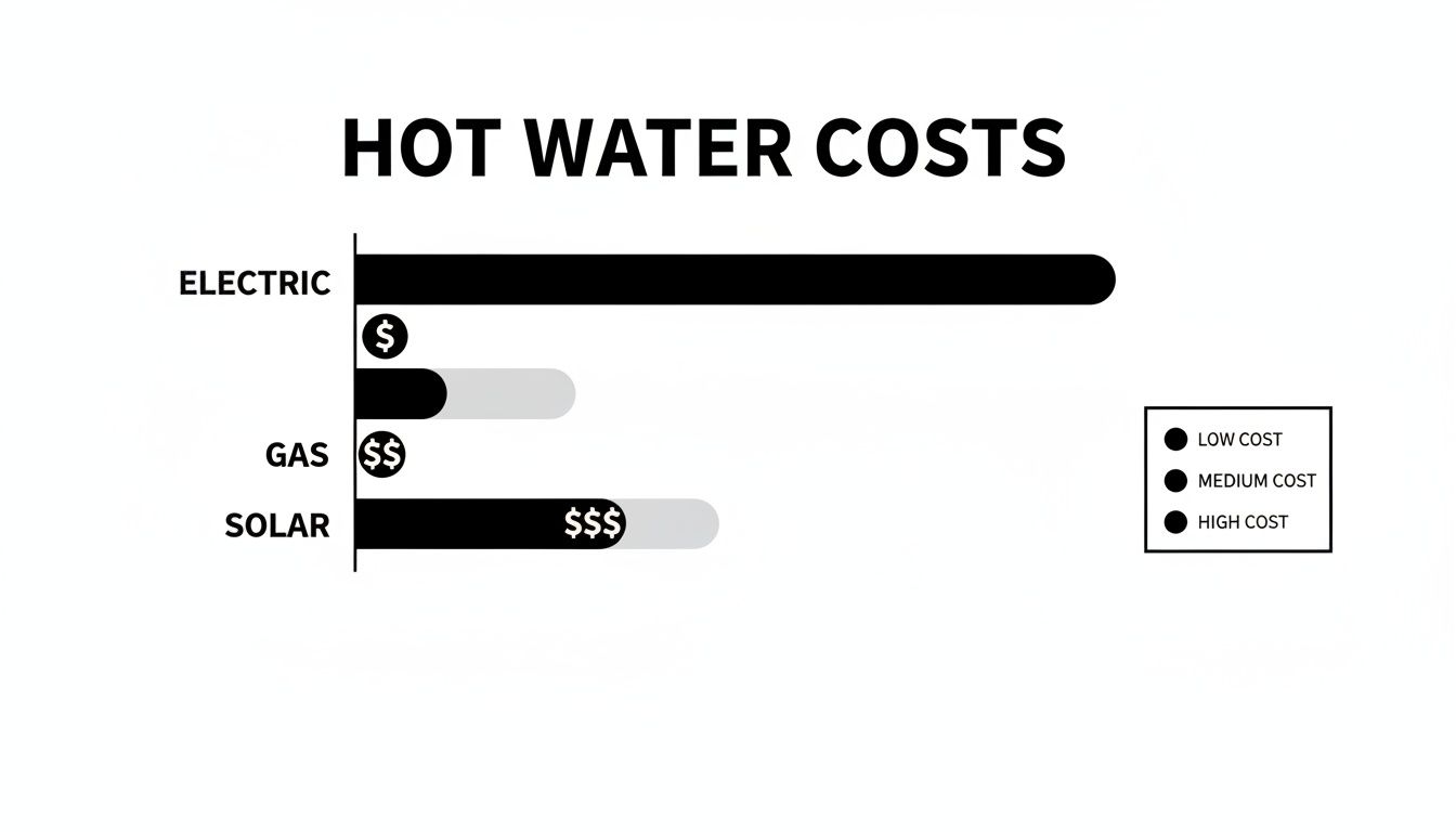 Bar Chart Comparing Hot Water System Costs: Electric (Highest), Gas (Medium), Solar (Lowest).