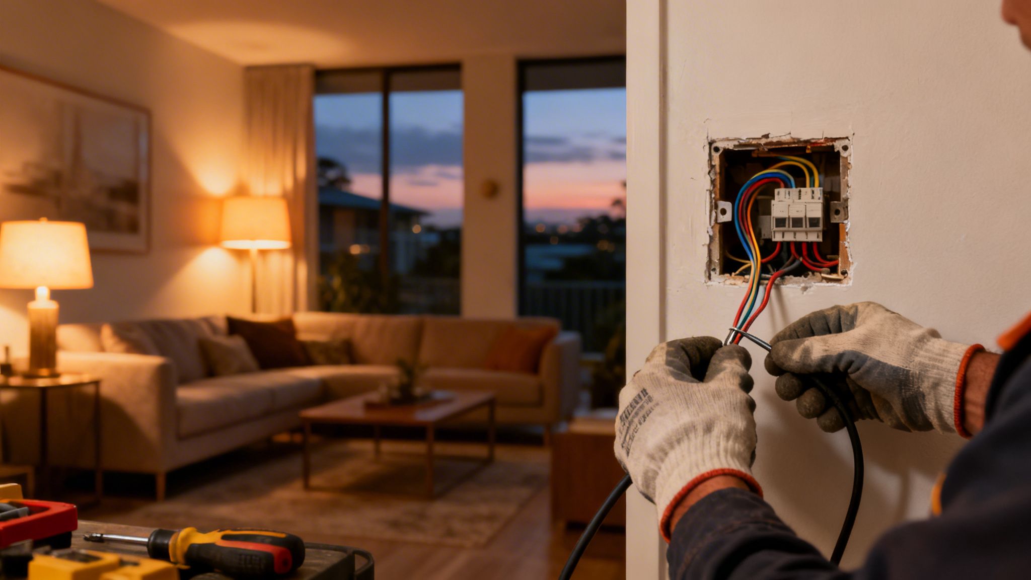 An Electrician In Gloves Connects Colorful Wires Inside A Wall Box In A Modern Living Room.