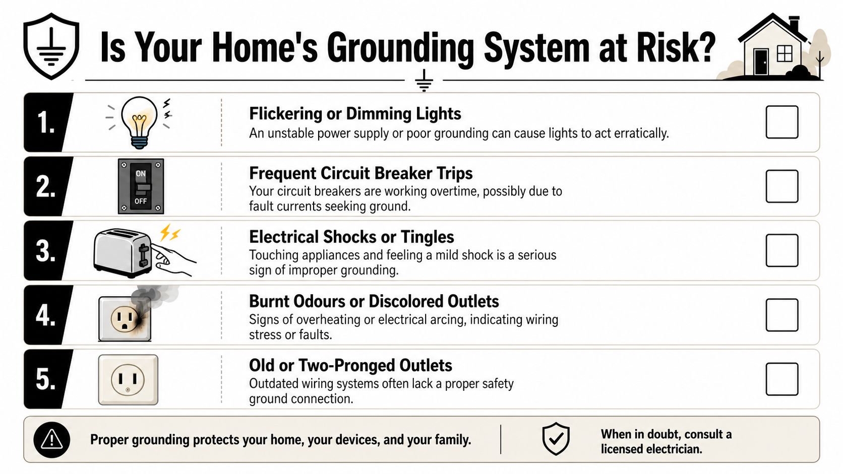 Electrical Earth Ground: A Homeowner'S Safety Guide 4 A Checklist Infographic Titled Is Your Home'S Grounding System At Risk Listing Five Common Electrical Warning Signs.