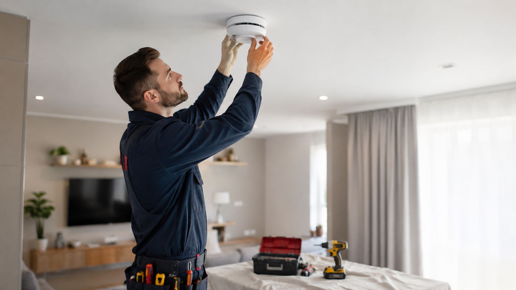 A Professional Technician In A Dark Blue Uniform Installing A White Smoke Alarm On The Ceiling Indoors.