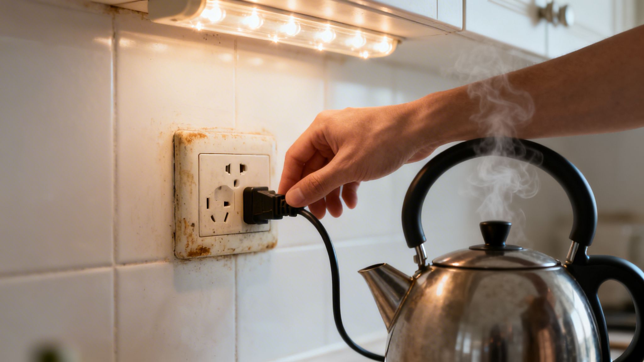 A Hand Plugs A Steaming Kettle Into A Heavily Rusted Electrical Outlet On A Dirty Tiled Kitchen Wall.