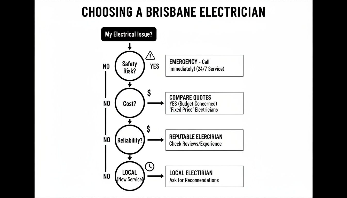 Flowchart Guiding Users On Choosing A Brisbane Electrician Based On Safety, Cost, Reliability, And Local Service.