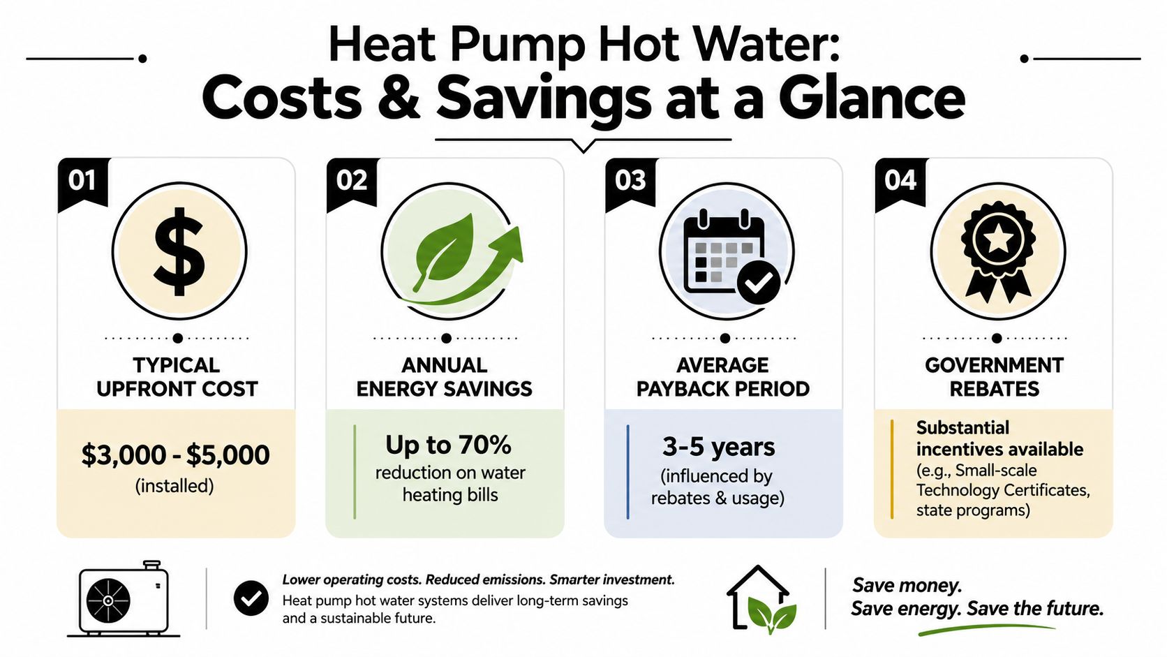 An Infographic Detailing The Costs, Energy Savings, Payback Period, And Government Rebates For Installing Heat Pump Hot Water Systems.