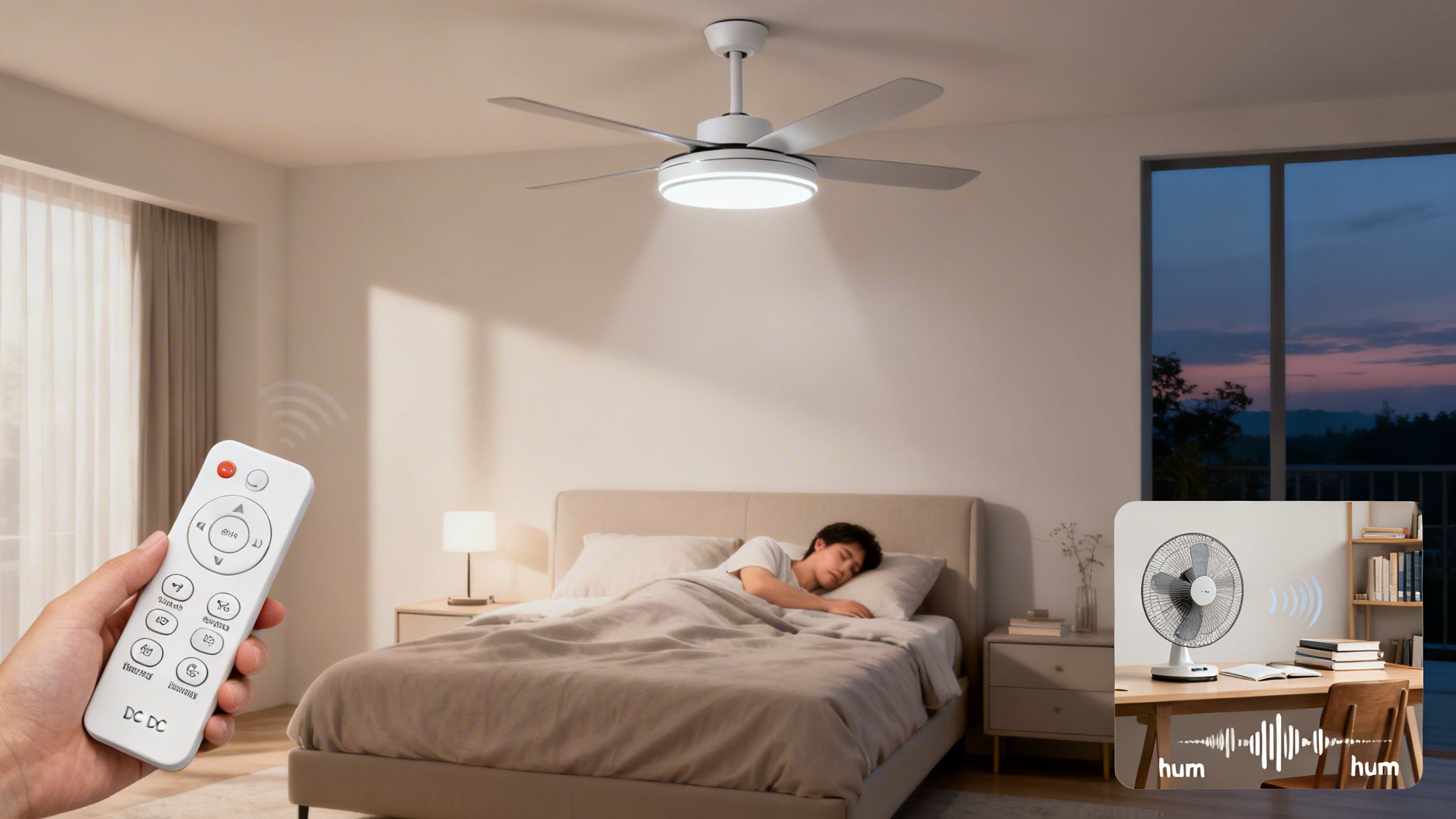 A Man Sleeps Soundly In A Modern Bedroom With A Quiet Dc Ceiling Fan And Remote Control.