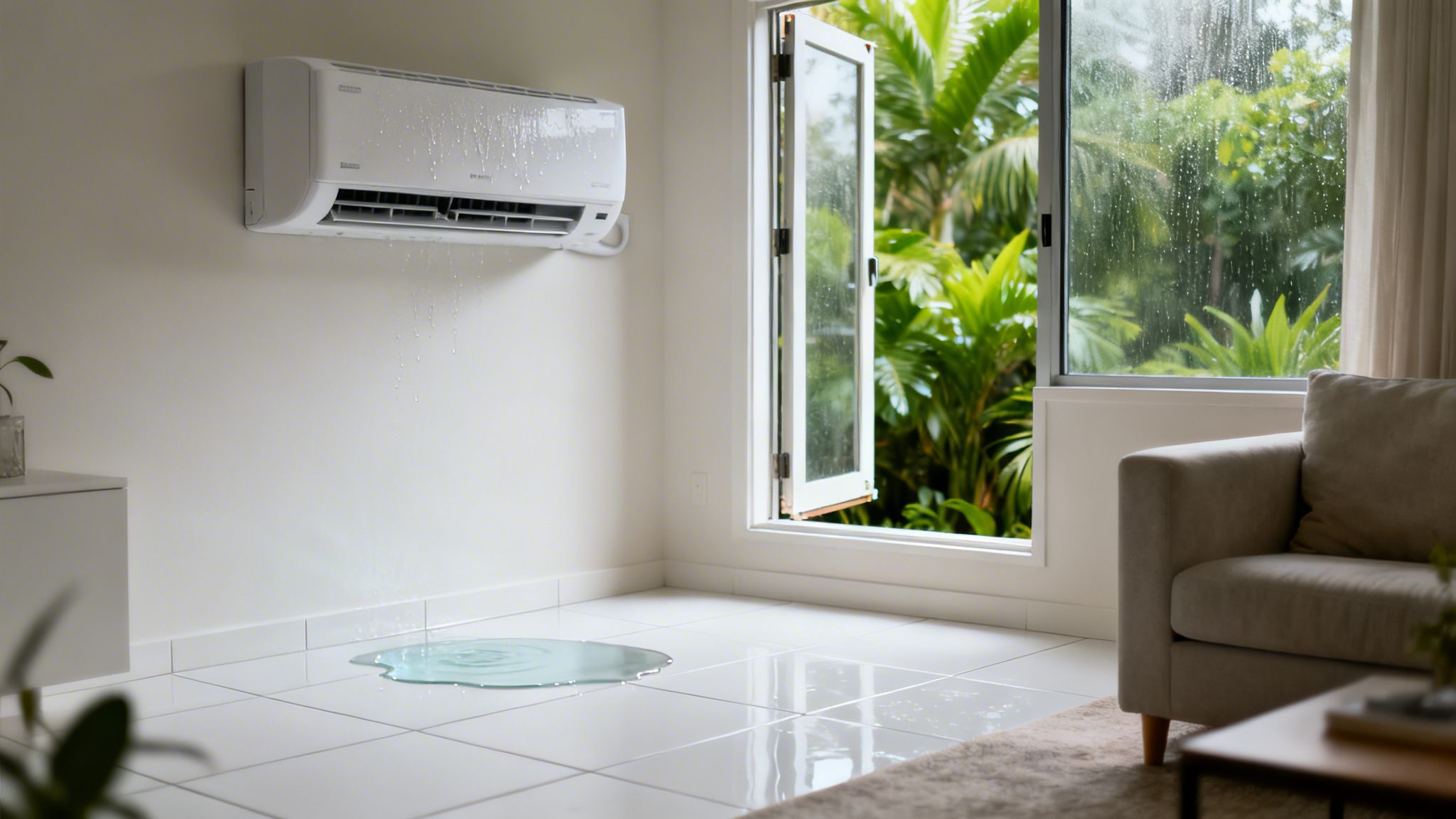 A White Air Conditioner Is Leaking Water Onto A White Tiled Floor In A Bright Room.