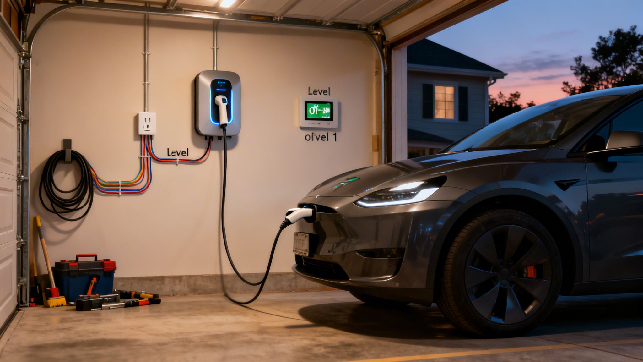 A Grey Electric Vehicle Charges In A Garage With A Wall-Mounted Ev Charger And A Display Screen.