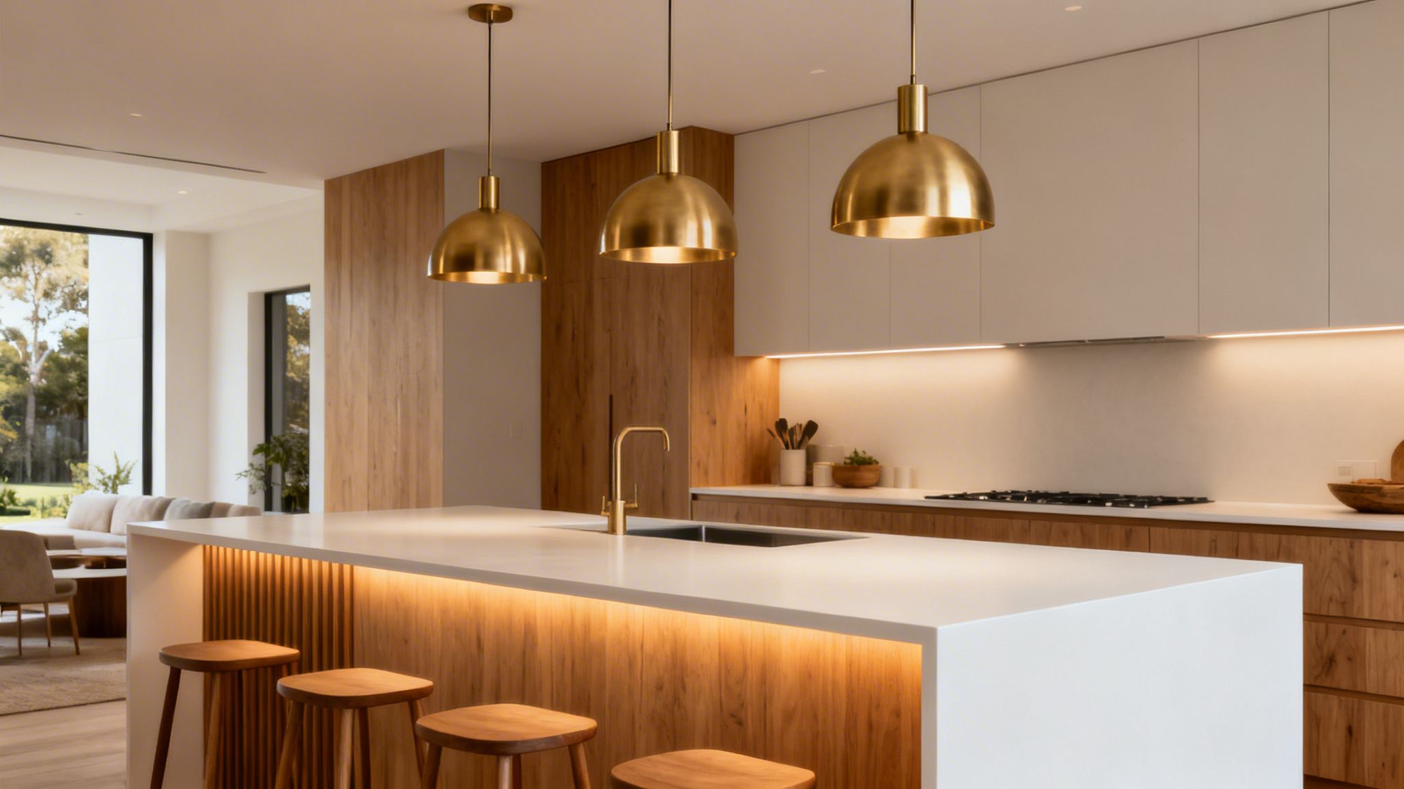 10 Kitchen Lighting Ideas Australia You Should Know 2 Bright And Modern Kitchen With A Large Island, Brass Pendant Lights, And Wooden Accents.