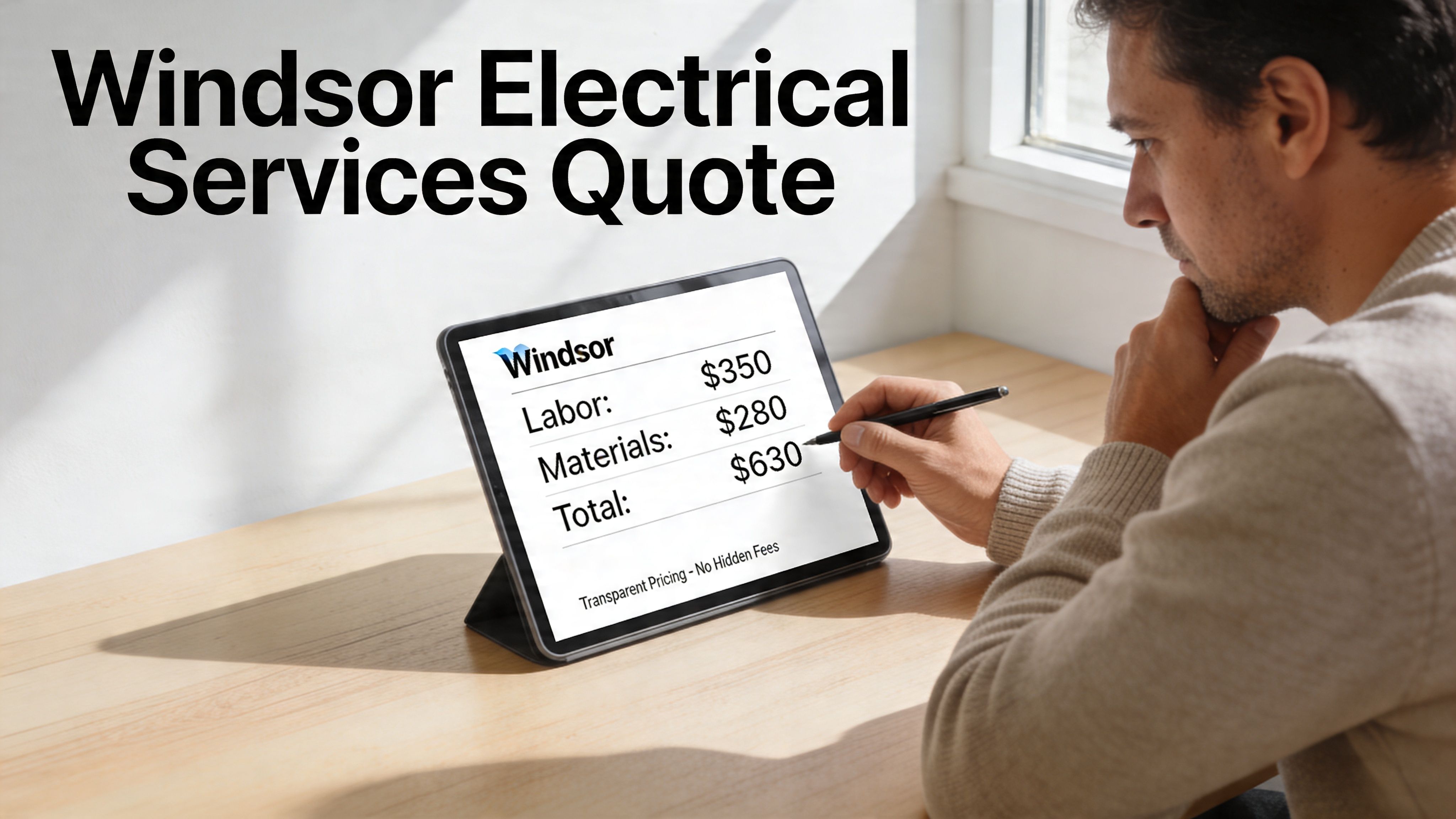 A Man Reviewing A Professional Digital Electrical Services Price Quote On A Tablet Screen While Holding A Stylus.