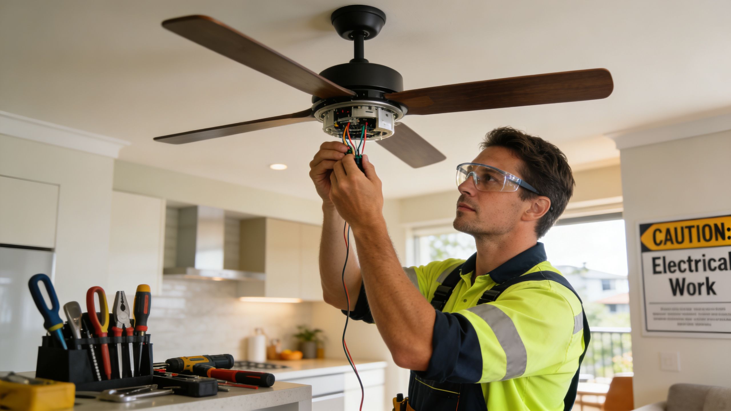 A Professional Electrician Wearing Safety Glasses Installing A Ceiling Fan In A Residential Kitchen.