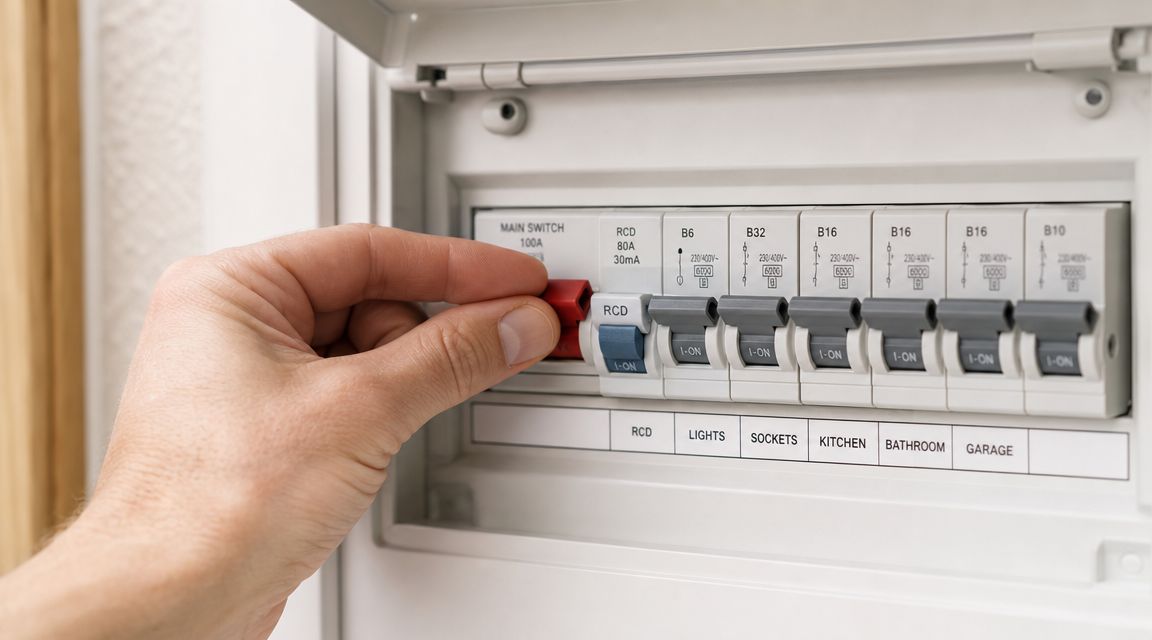 A Close-Up View Of A Person'S Hand Switching Off A Main Electrical Breaker In A Home Consumer Unit.