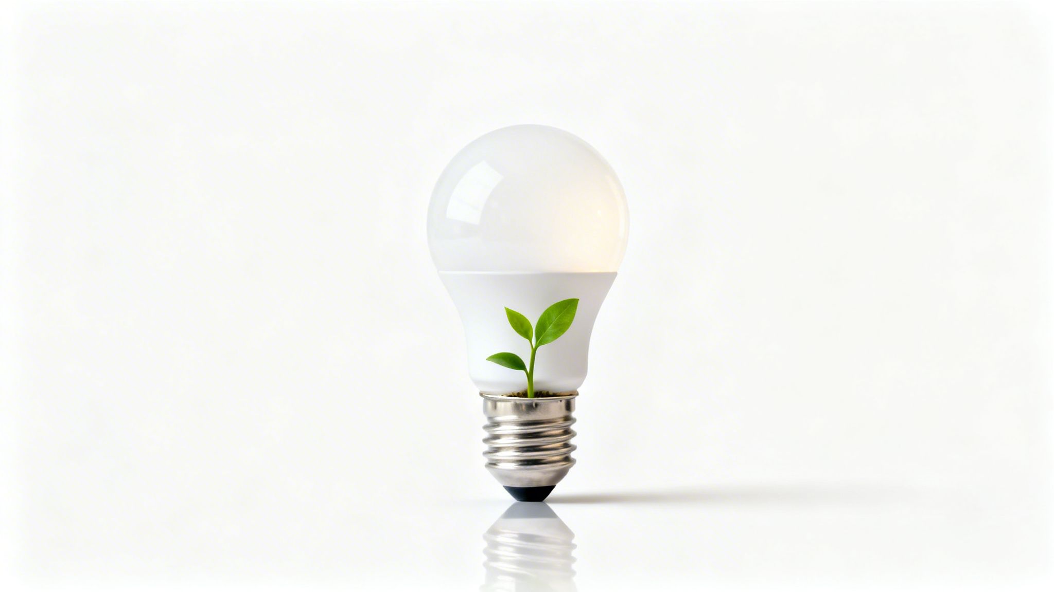Top 10 Benefits Of Led Lighting For Brisbane Homes In 2026 3 A White Led Light Bulb With A Small Green Plant Growing From Its Base, Symbolizing Eco-Friendly Energy.