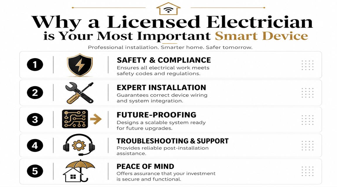 An Infographic Detailing Five Key Reasons Why A Licensed Electrician Is Essential For Smart Home Technology Installation.