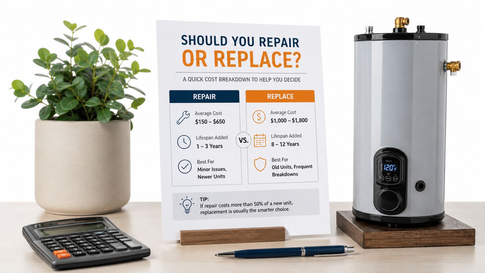 A Sign On A Desk Comparing The Costs And Lifespans Of Repairing Versus Replacing A Hot Water Heater.