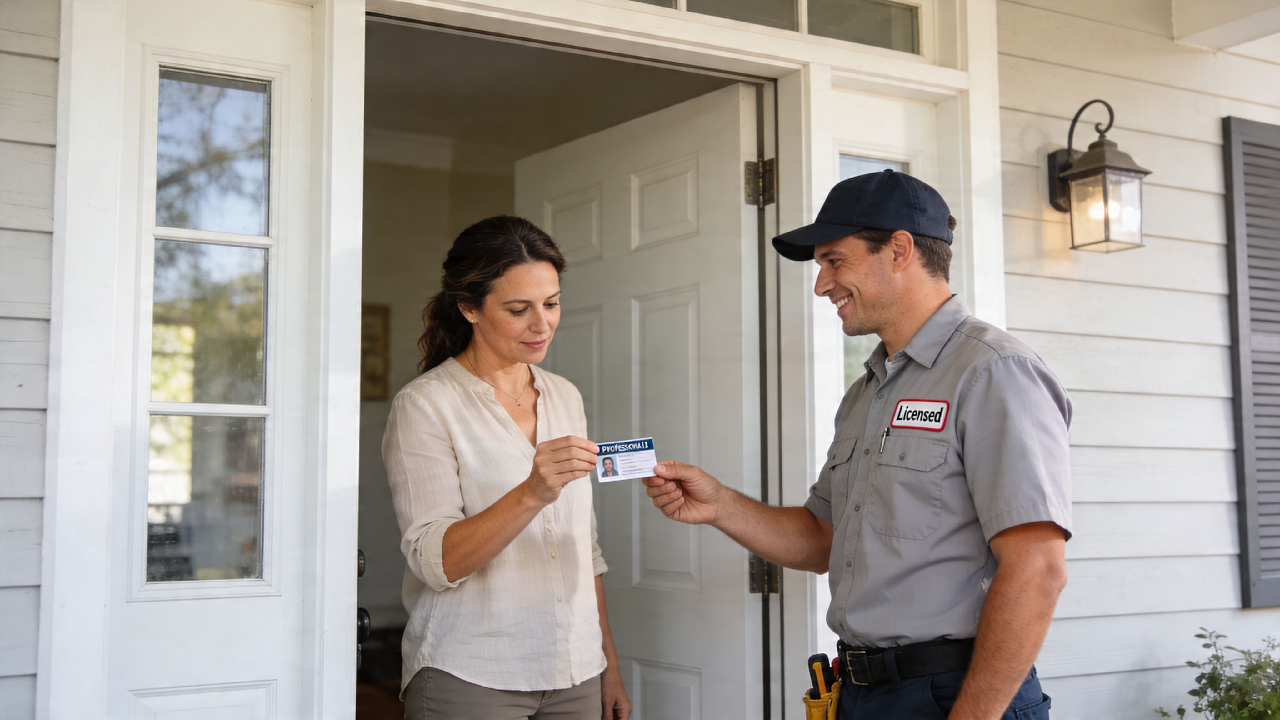 Electrical Repairs Near Me: A Brisbane Homeowner'S Guide 3 A Professional Technician Showing His Id Card To A Homeowner At Her Front Door During A Service Visit.