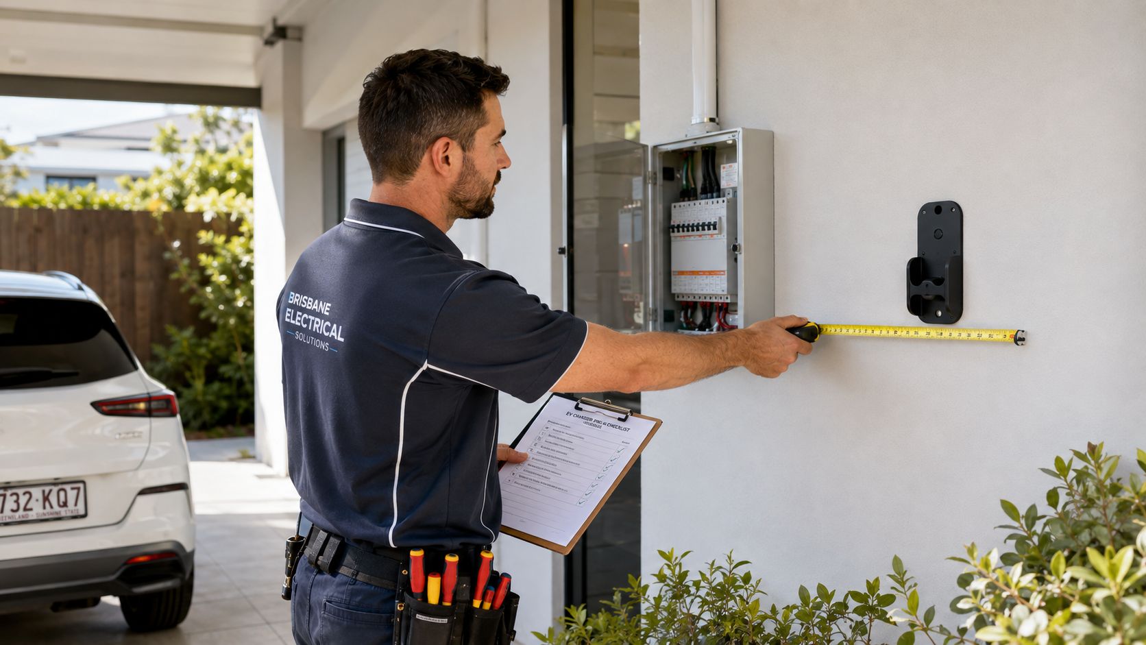 A Professional Electrician Measures The Wall Space Near An Ev Charger Installation Site For A Home Project.