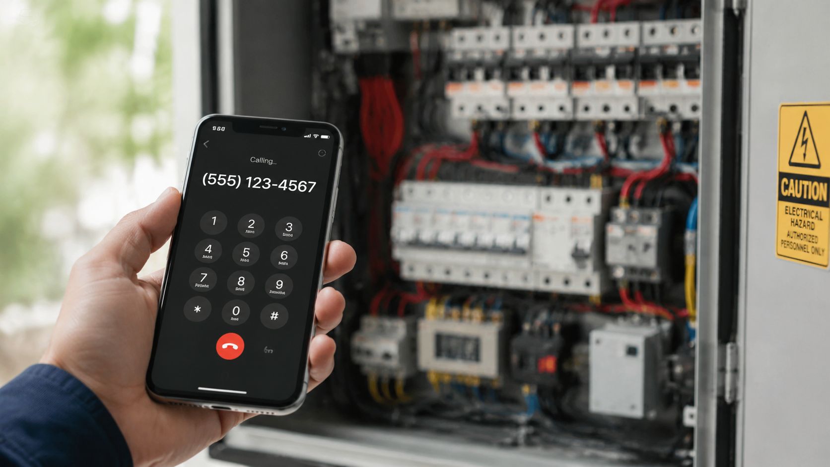 A Hand Holding A Smartphone Making An Emergency Call In Front Of An Open Electrical Breaker Box.