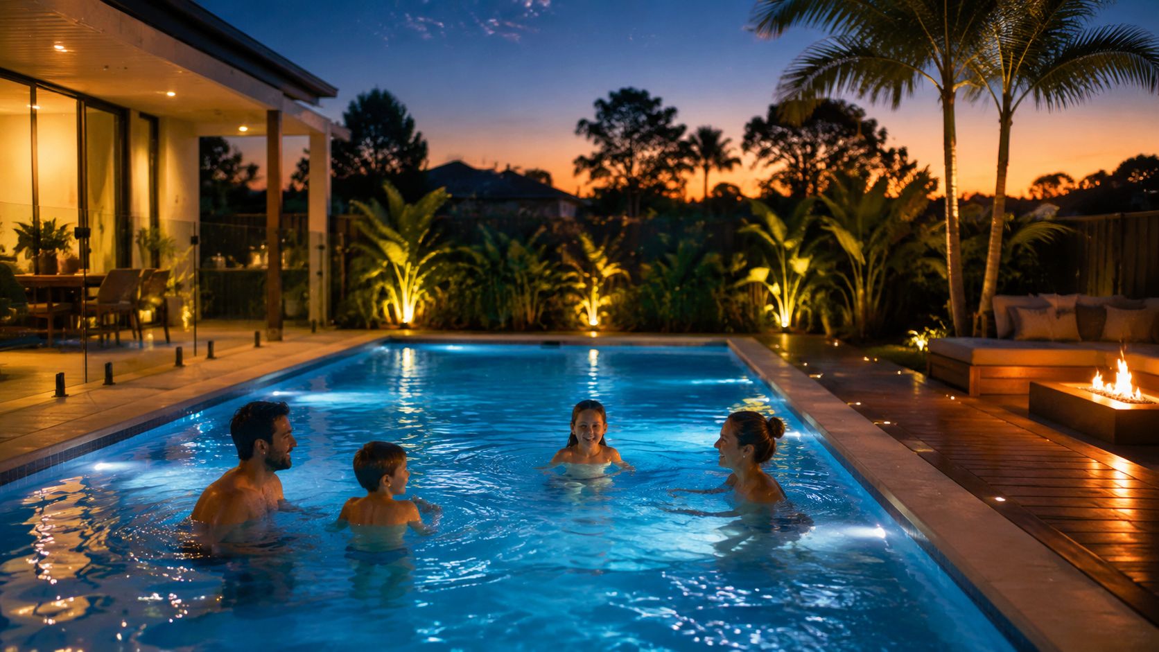 A Family Enjoys Swimming In A Backyard Pool With Atmospheric Underwater And Landscape Lighting At Twilight.
