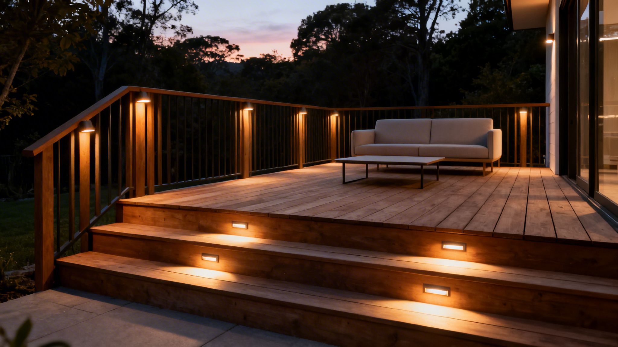 A Beautifully Lit Wooden Deck And Stairs At Dusk, Featuring A Sofa And Integrated Lighting.
