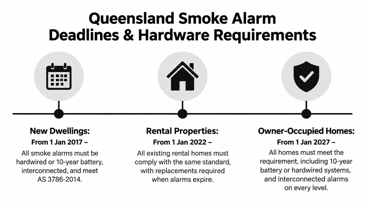 A Timeline Graphic Showing Queensland Smoke Alarm Compliance Deadlines For New Dwellings, Rentals, And Owner-Occupied Homes.