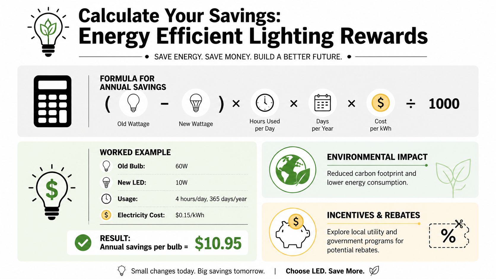 An Infographic Showing A Formula To Calculate Annual Monetary Savings From Switching To Energy Efficient Led Lightbulbs.
