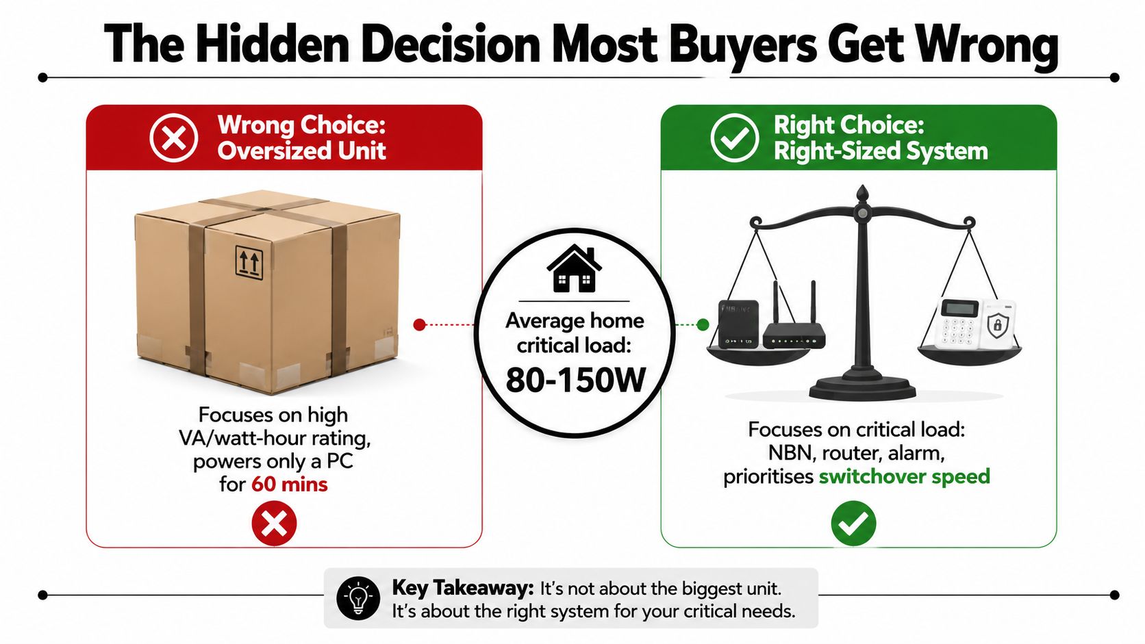 An Infographic Showing That Choosing The Right-Sized Uninterruptible Power Supply For Critical Home Loads Is Better Than Oversizing.