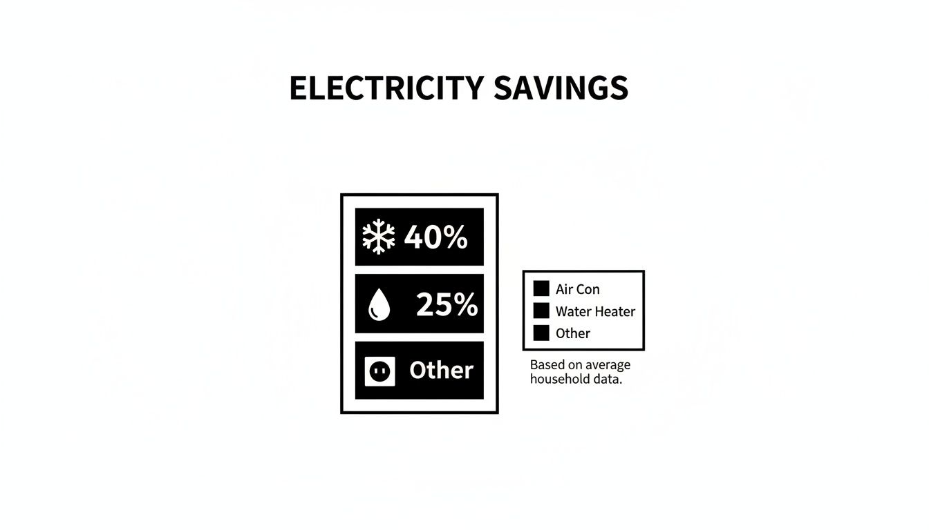 Infographic Showing Electricity Savings Breakdown: 40% For Air Conditioning, 25% For Water Heating, And Other.