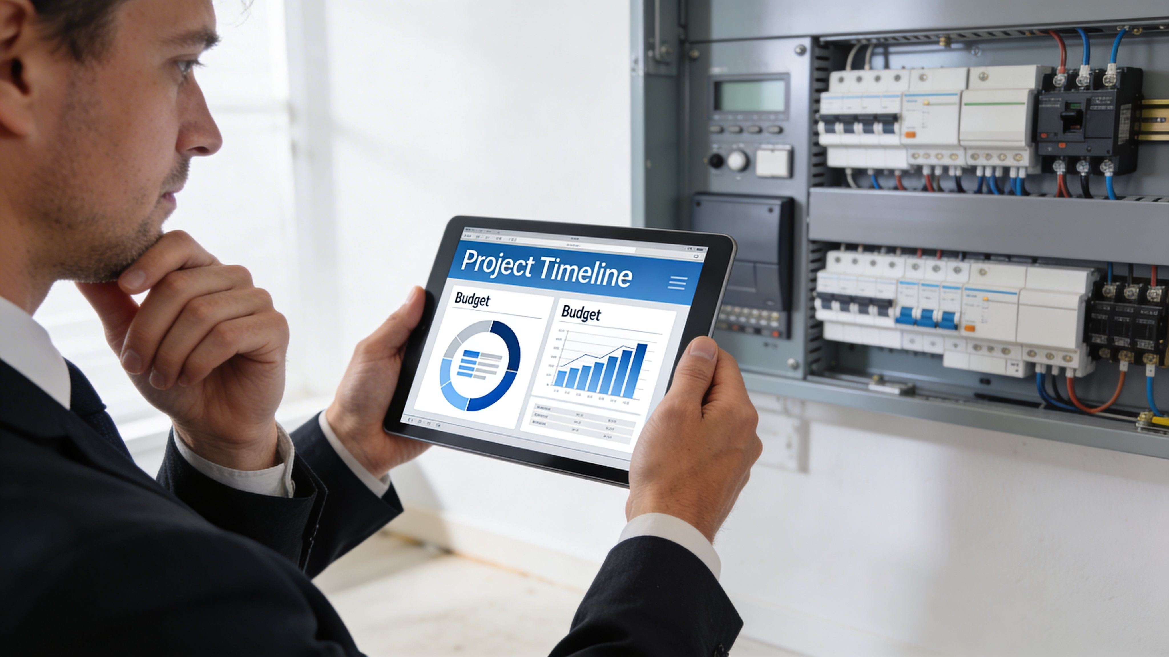 A Professional In A Suit Holds A Tablet Showing Project Budget Data While Inspecting An Electrical Switchboard.
