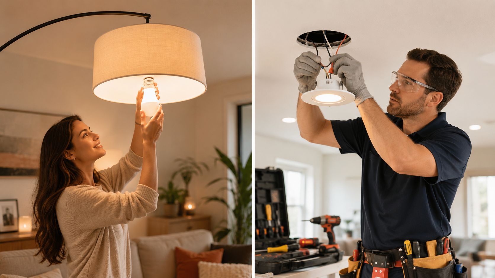 A Woman Changing A Lamp Light Bulb And An Electrician Installing A Recessed Ceiling Light.