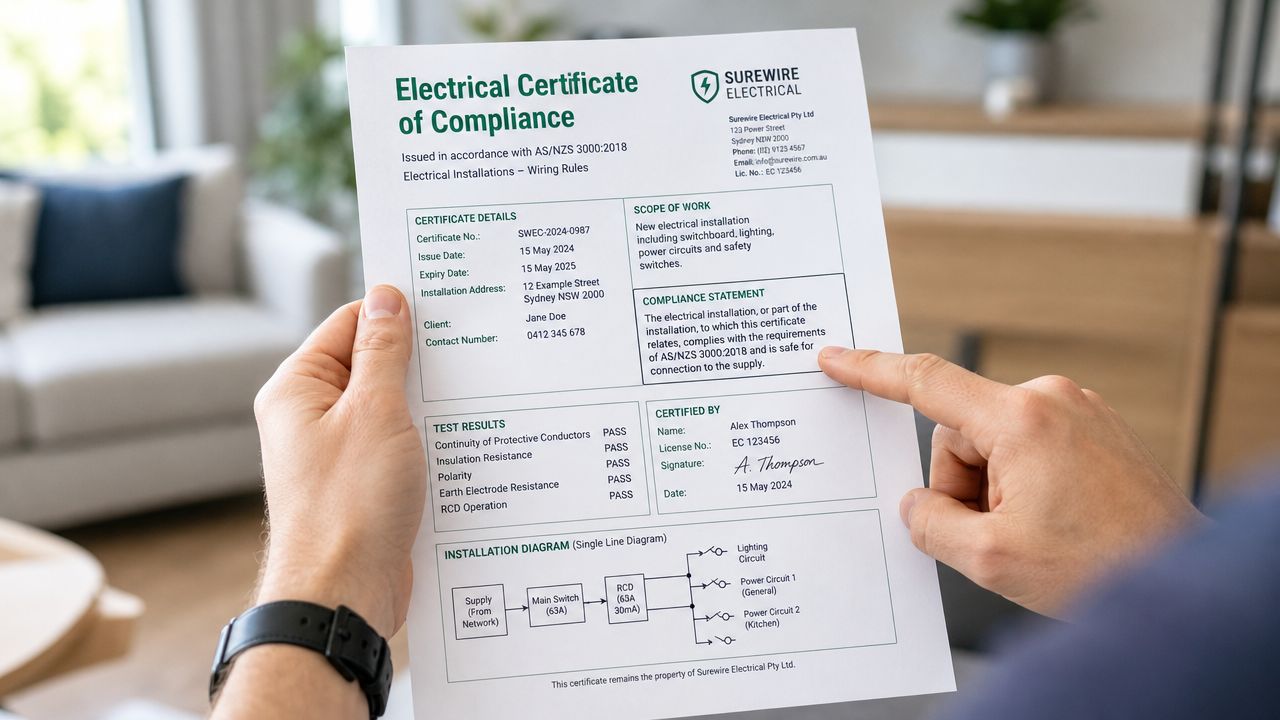 A Person Holding An Official Electrical Certificate Of Compliance Document, Displaying Installation Details And Test Results.