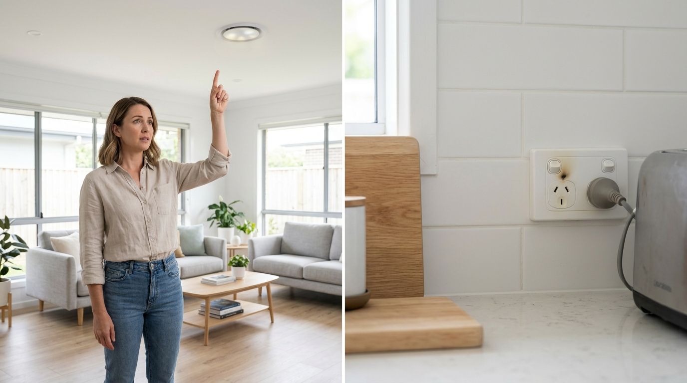 A Woman Points To A Ceiling Light While A Damaged Electrical Outlet Shows Signs Of Burn Marks.