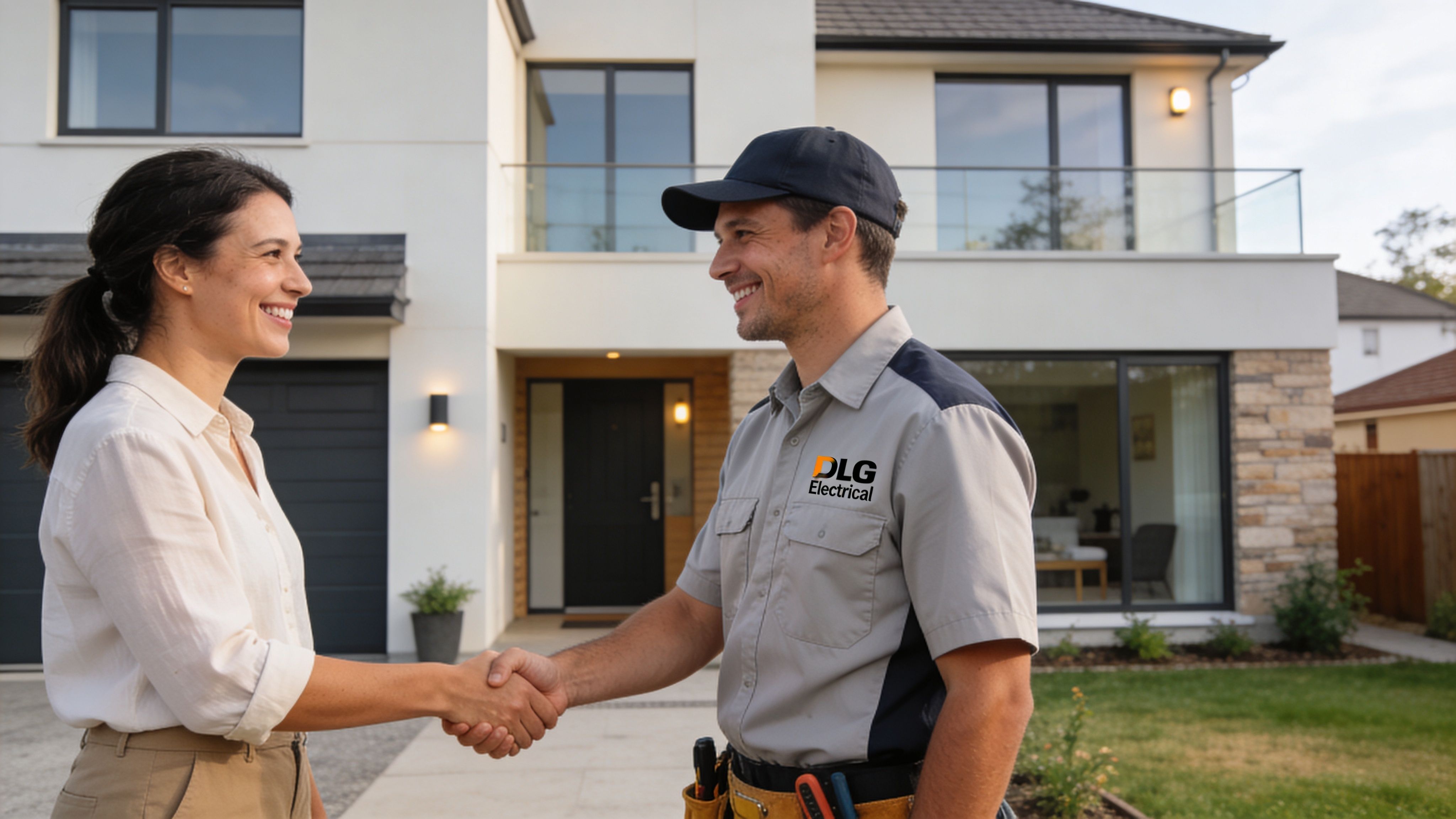 A Friendly Electrician In A Professional Uniform Shaking Hands With A Happy Homeowner In Front Of A House.