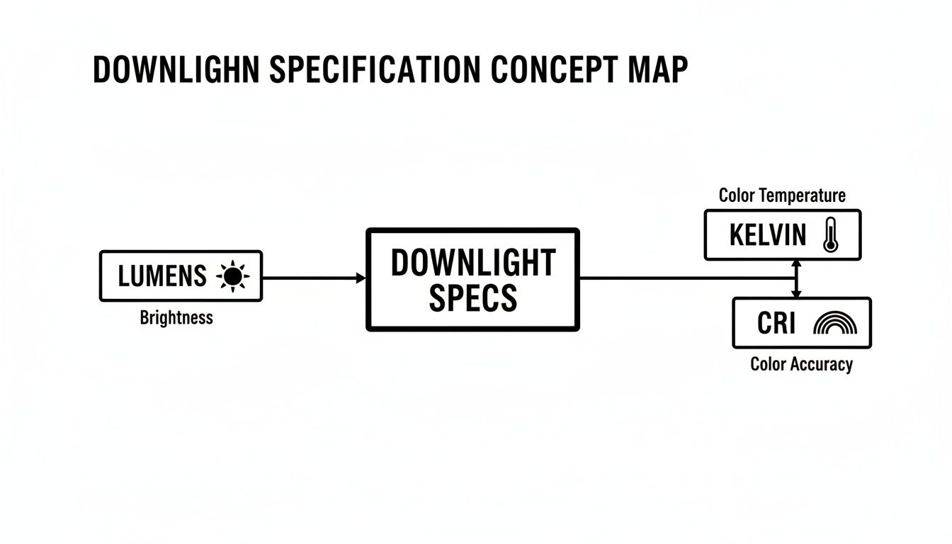 A Concept Map Illustrating Downlight Specifications, Linking Lumens, Color Temperature (Kelvin), And Color Accuracy (Cri).