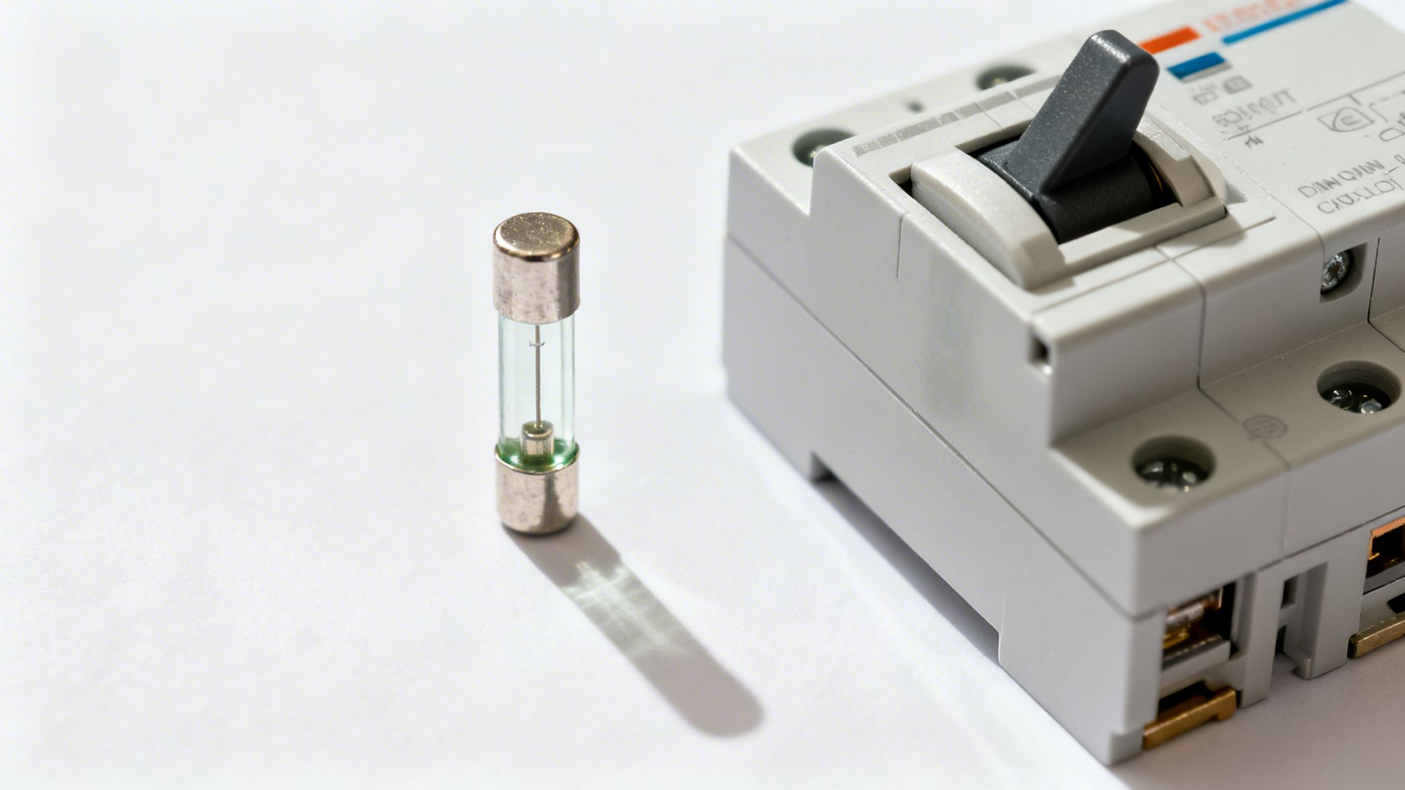 A Clear Glass Fuse Stands Upright Next To A Grey Electrical Circuit Breaker On A White Surface.