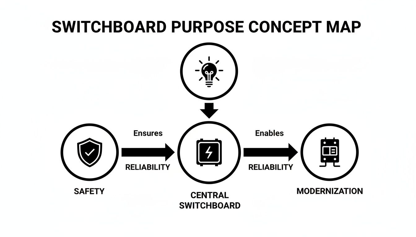 A Concept Map Showing A Central Switchboard Connected To Safety, Reliability, And Modernization Through Arrows.