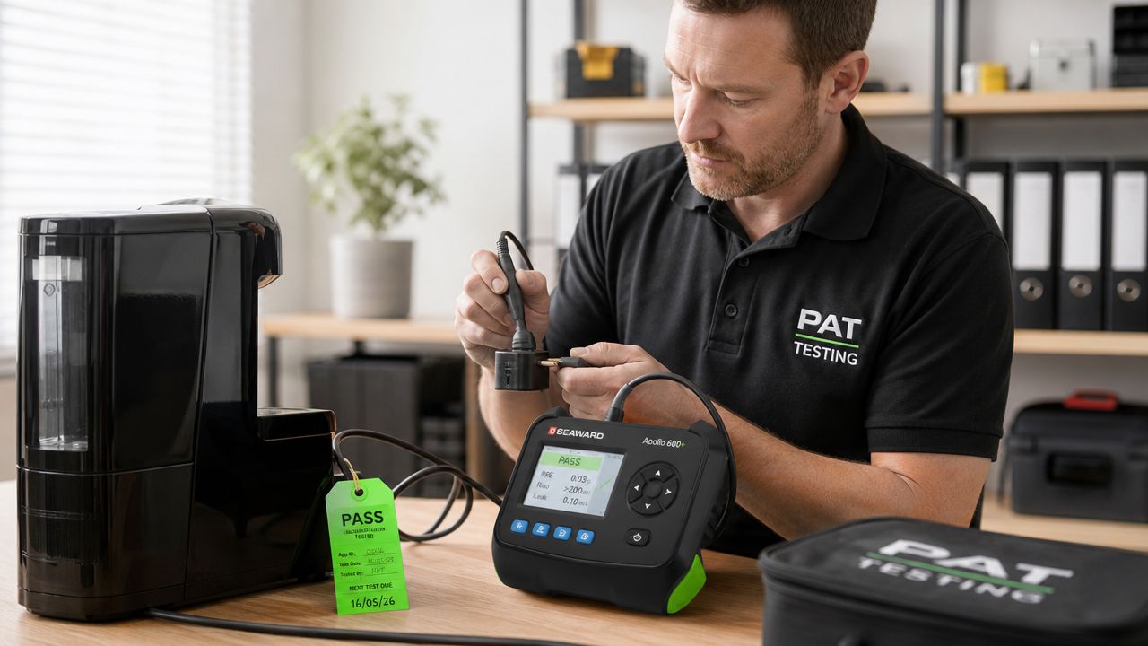 Electrical Testing And Tagging: A Brisbane Guide For 2026 1 A Technician Performing A Portable Appliance Test On A Black Coffee Machine Using A Seaward Apollo Device.