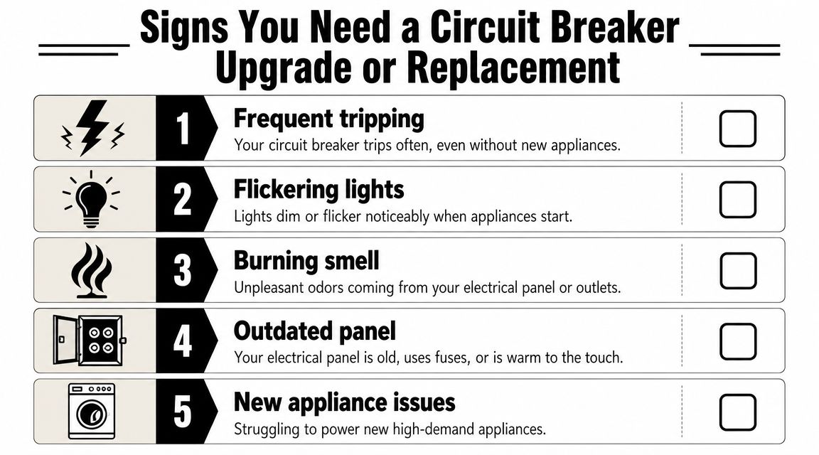 A Checklist Infographic Listing Five Common Warning Signs Indicating That Your Home Circuit Breaker Needs Replacement Or Upgrade.