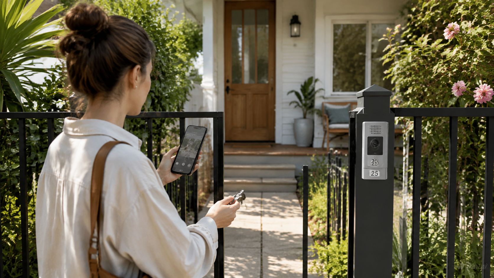 Intercom System Installation: A Brisbane Home Guide 1 A Woman Holding A Smartphone And Keys While Standing In Front Of A Modern Home Intercom System.