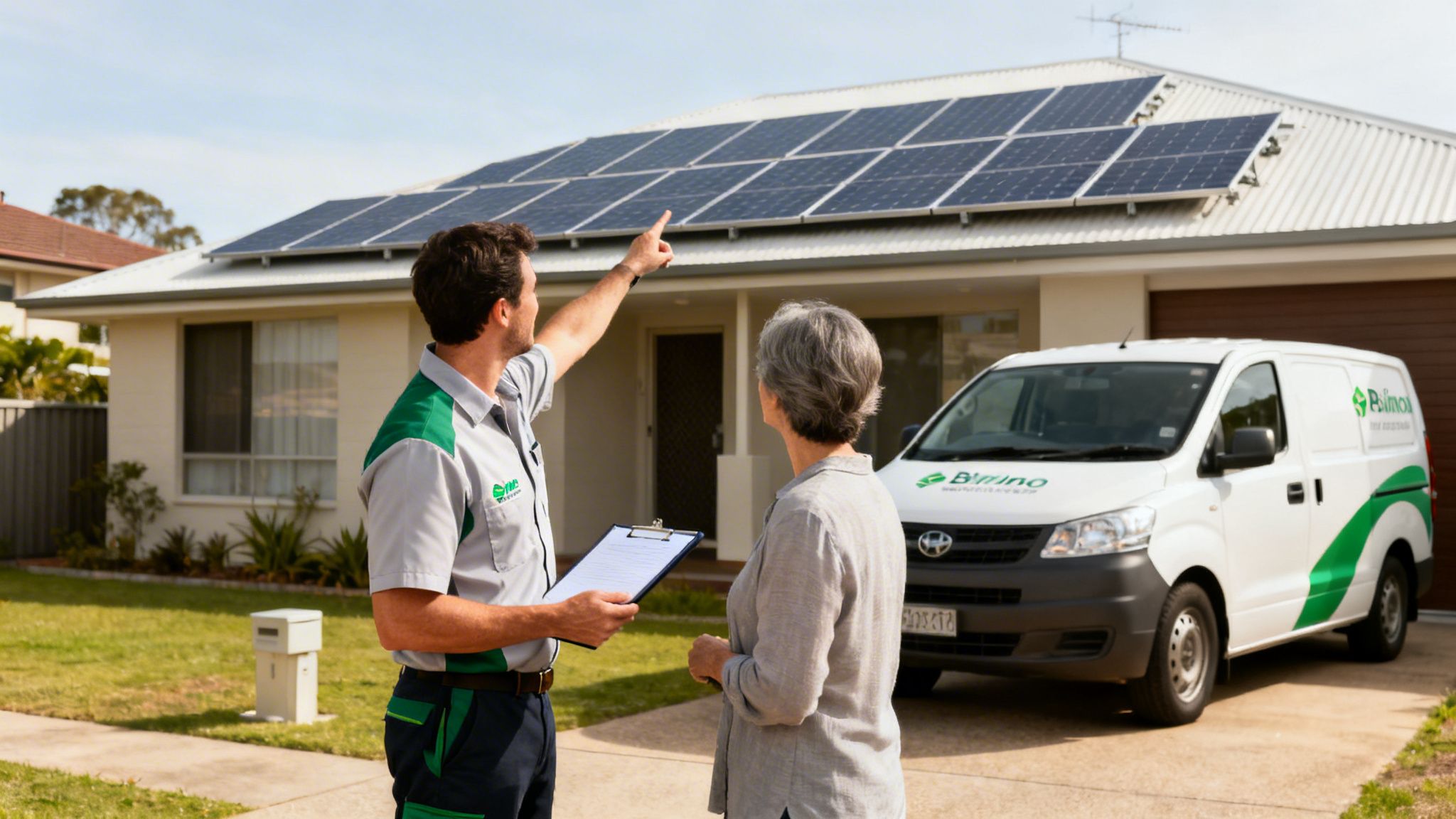 A Technician Explains Solar Panel Installation To A Woman, Standing In Front Of A House With Solar Panels And A Company Van.
