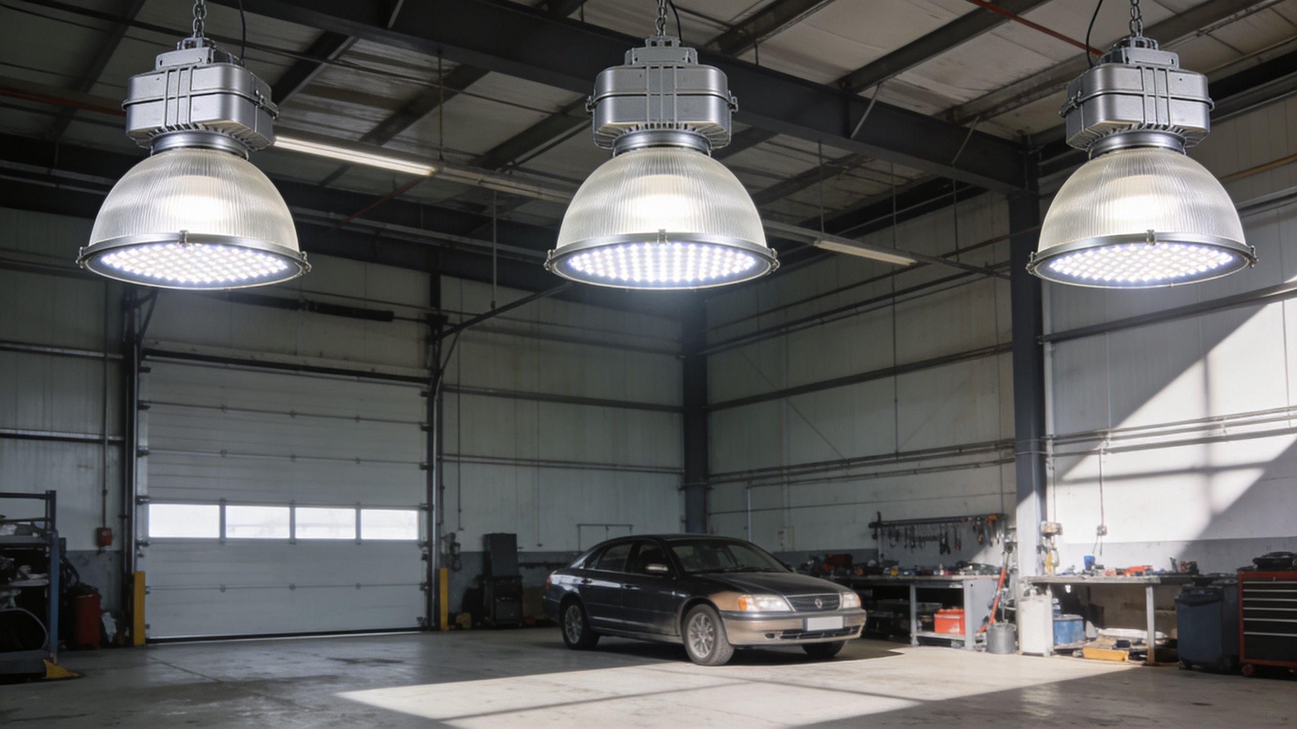 8 Top Garage Lighting Ideas For 2026 2 Three Large Industrial Led Pendant Lights Hanging From The Ceiling Of A Spacious Automotive Service Garage.