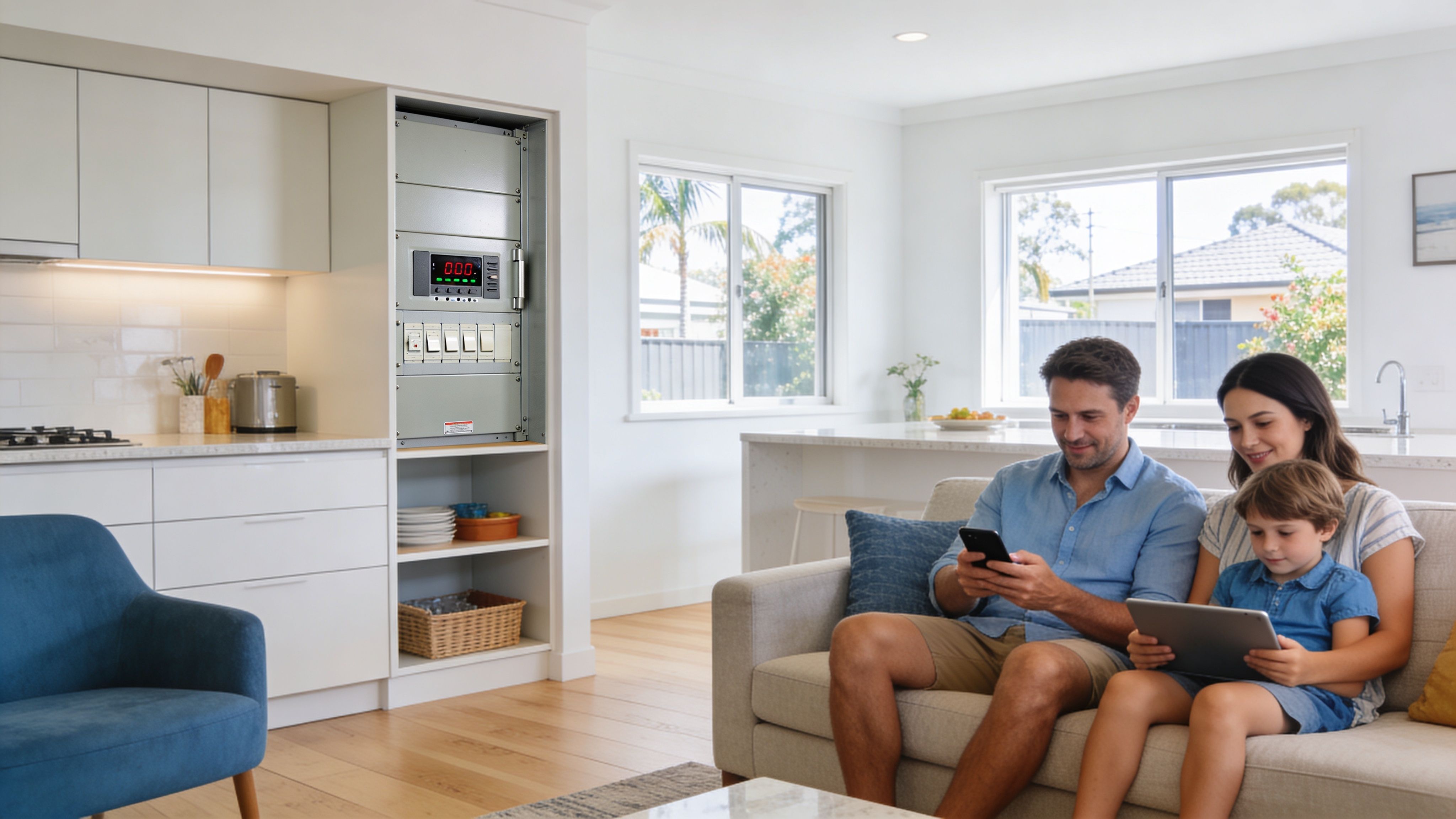 A Happy Family Relaxing On A Couch In A Modern Home With A Newly Installed Electrical Switchboard Nearby.