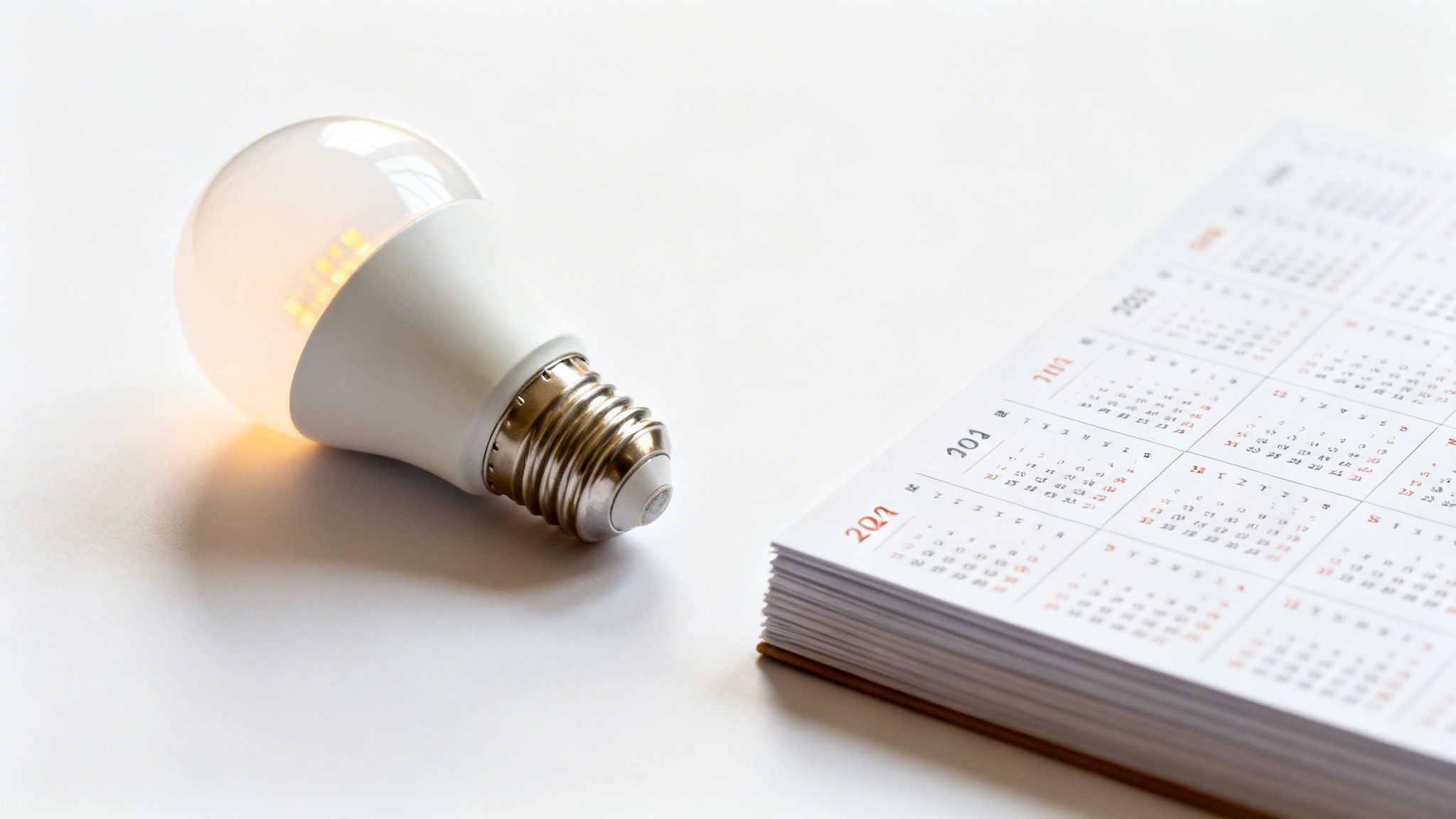 Top 10 Benefits Of Led Lighting For Brisbane Homes In 2026 1 A Warm Glowing Led Light Bulb Rests Next To A 2021 Calendar On A White Surface.