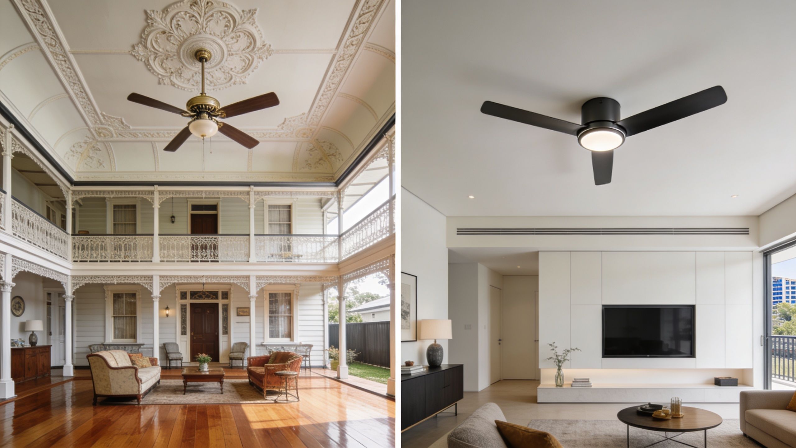 A Split-Screen Comparison Showing A Traditional Victorian Style Ceiling Fan And A Modern Minimalist Ceiling Fan.