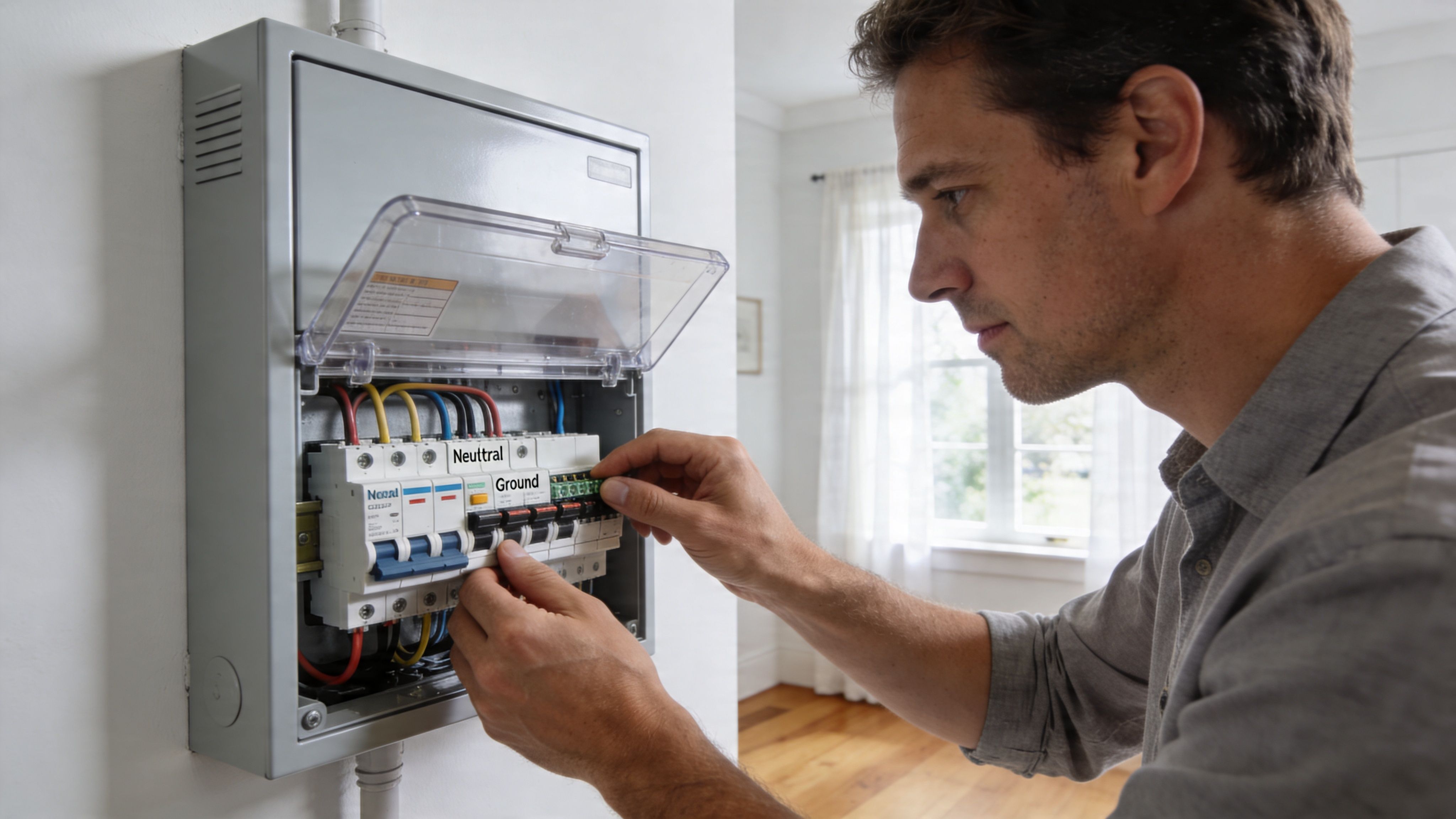 A Professional Electrician Carefully Inspecting The Interior Components Of A Residential Circuit Breaker Box.