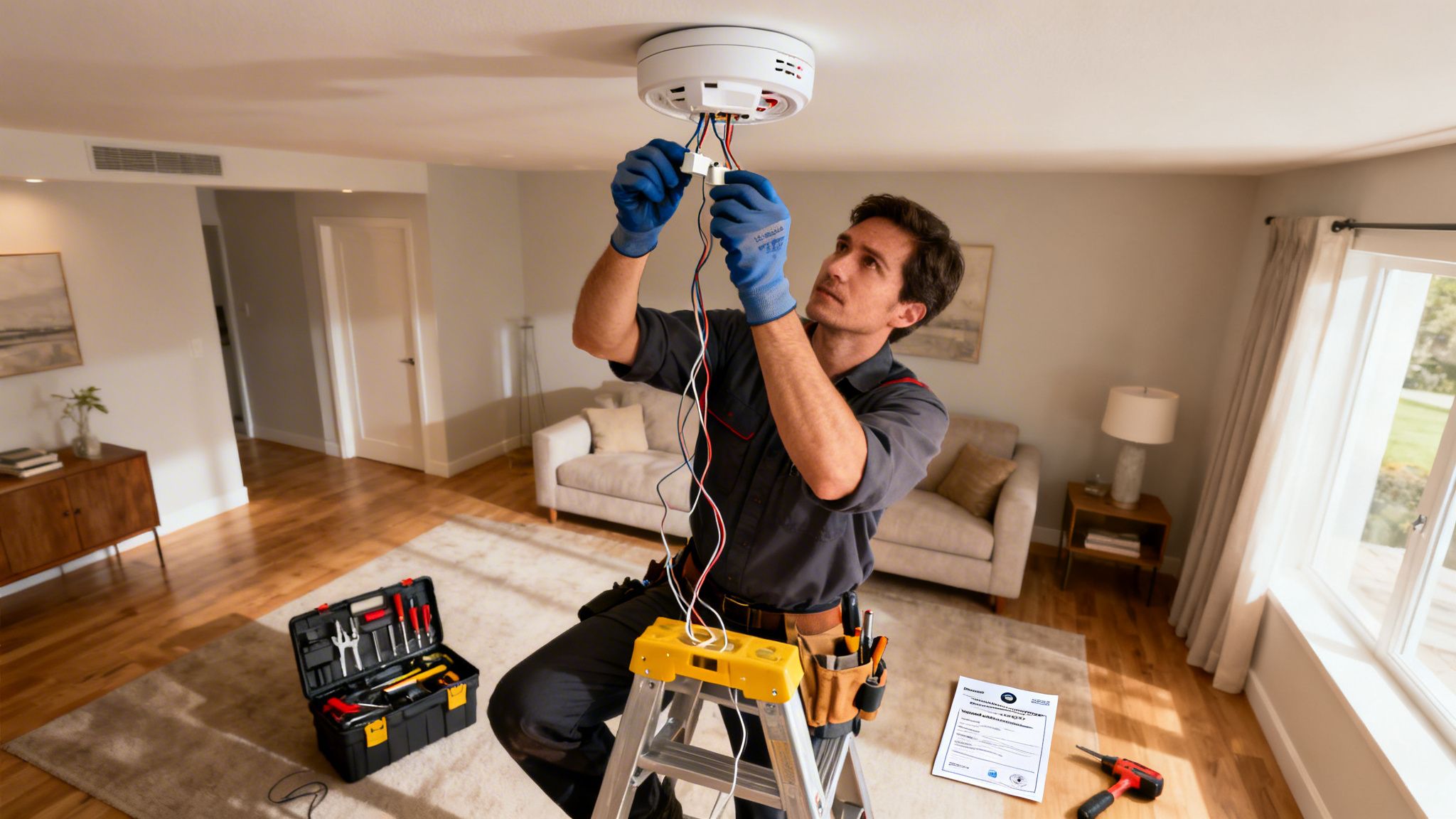 Technician On A Ladder Installing A White Smoke Alarm On A Ceiling In A Modern Living Room.