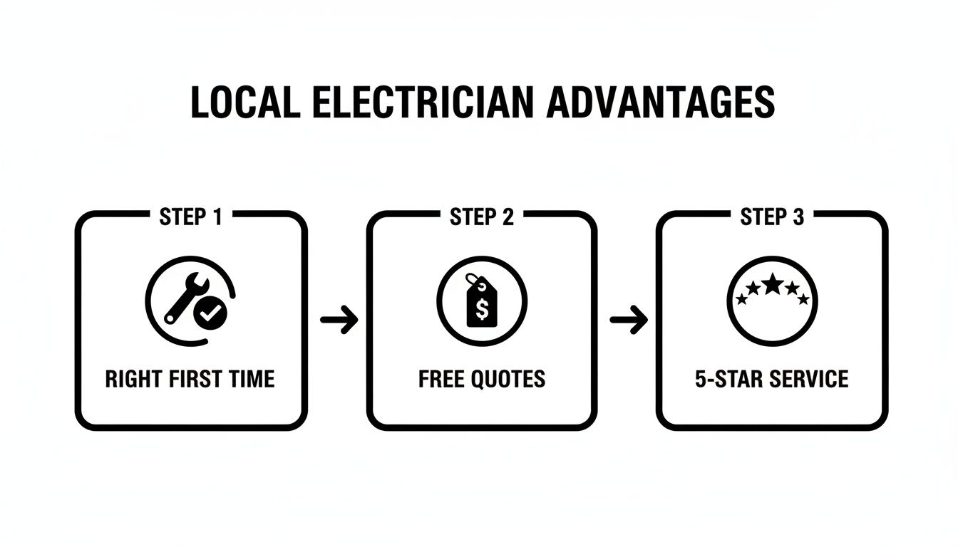 Infographic Showing Three Advantages Of A Local Electrician: Right First Time Repairs, Free Quotes, And 5-Star Service.