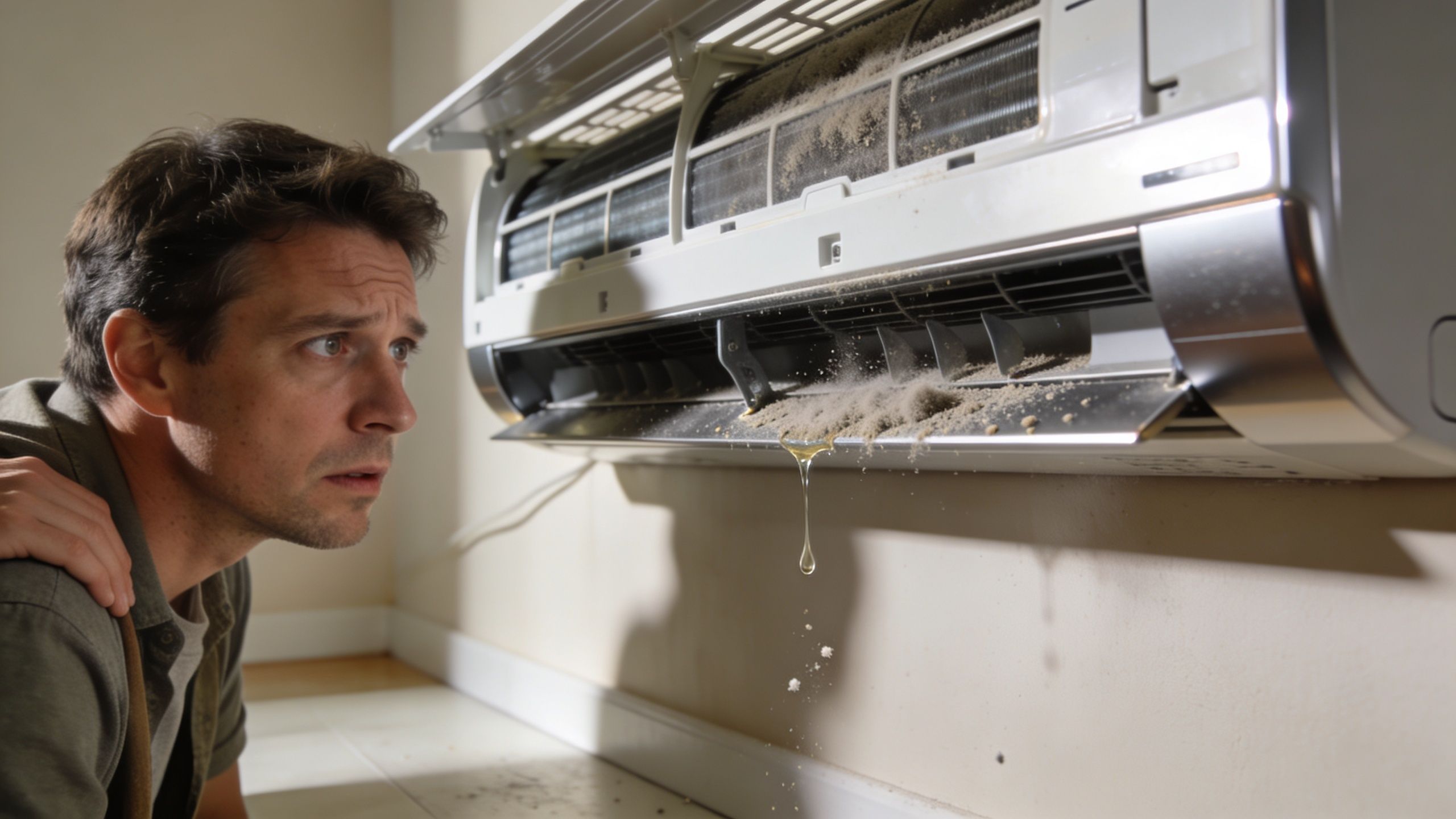 A Concerned Man Looking At A Dirty, Leaking Indoor Split System Air Conditioner Unit On A Wall.