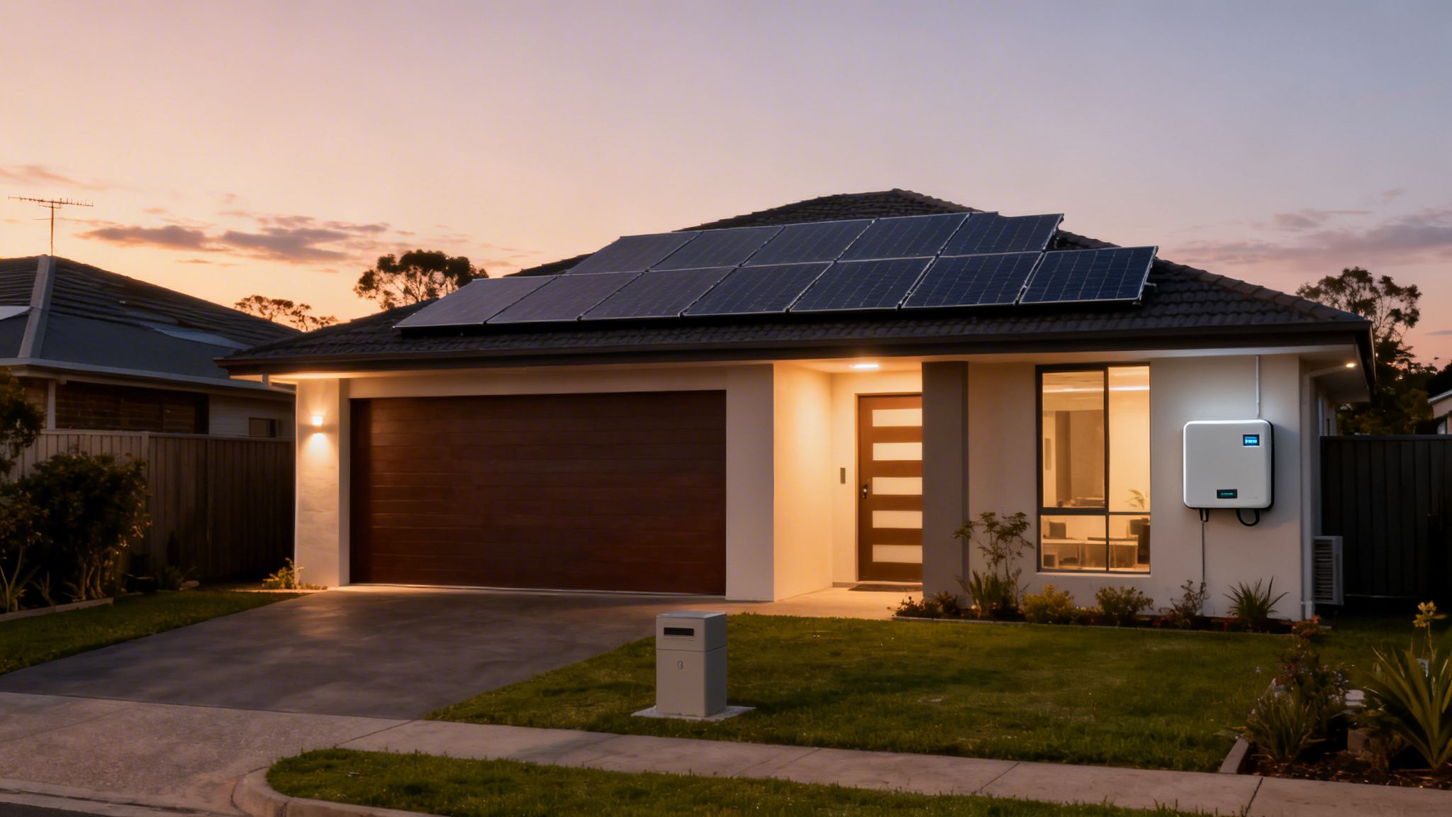 What Size Solar Battery Do I Need? A 2026 Brisbane Guide 1 A Modern Home With Rooftop Solar Panels And A Smart Energy Storage Battery Mounted On The Exterior Wall.