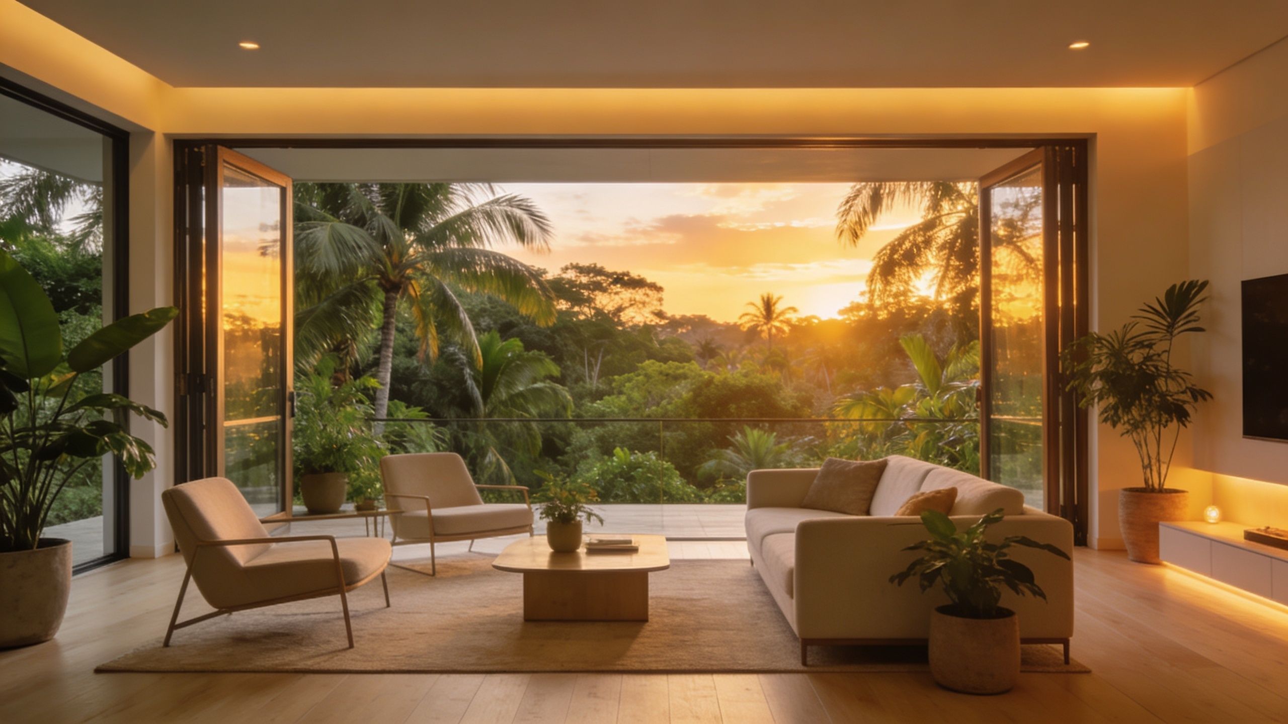 A Modern Living Room With Smart Lighting Systems Opening To A Lush Sunset Tropical Garden View.