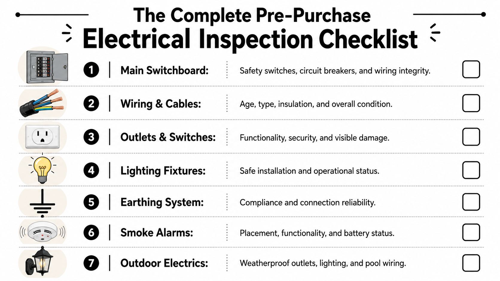 Pre Purchase Electrical Inspection: A Buyer'S Guide 2026 2 A Comprehensive Checklist For Pre-Purchase Electrical Inspections Featuring Seven Key Categories Including Switchboards, Wiring, And Smoke Alarms.